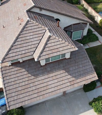 up close view of brown tile roof on home